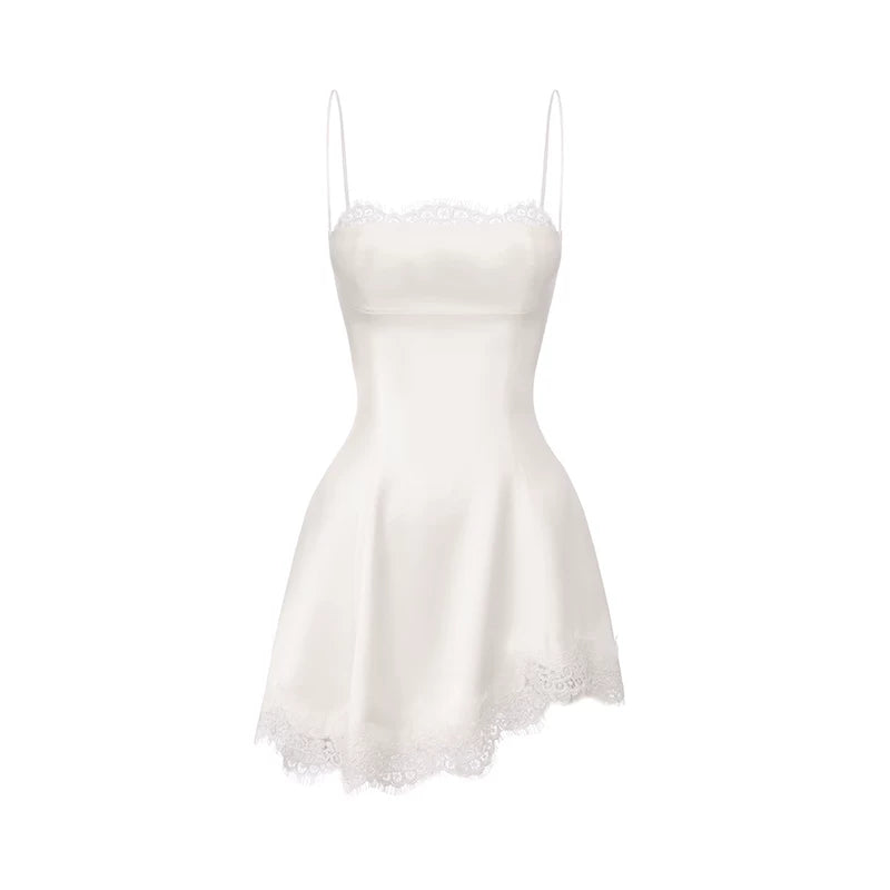 Lace-Trim Satin Fit-and-Flare Mini Dress