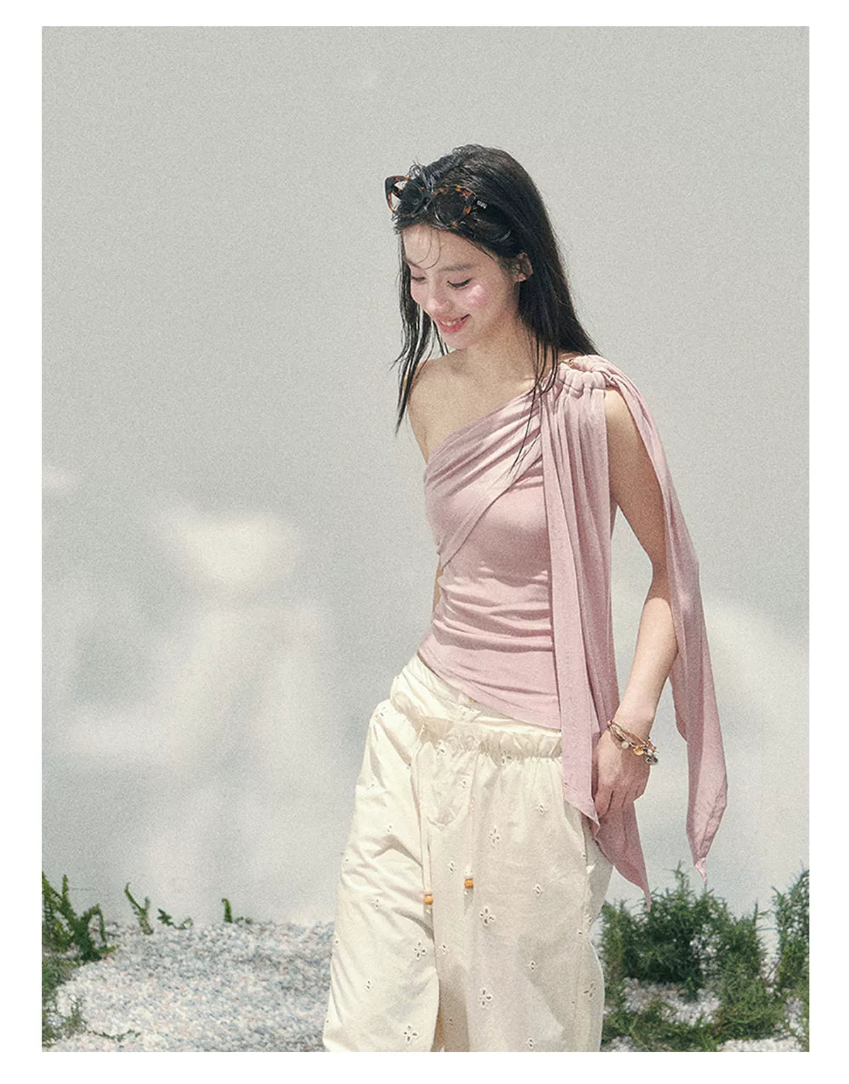 Coral Pink One-Shoulder Ribbon Blouse