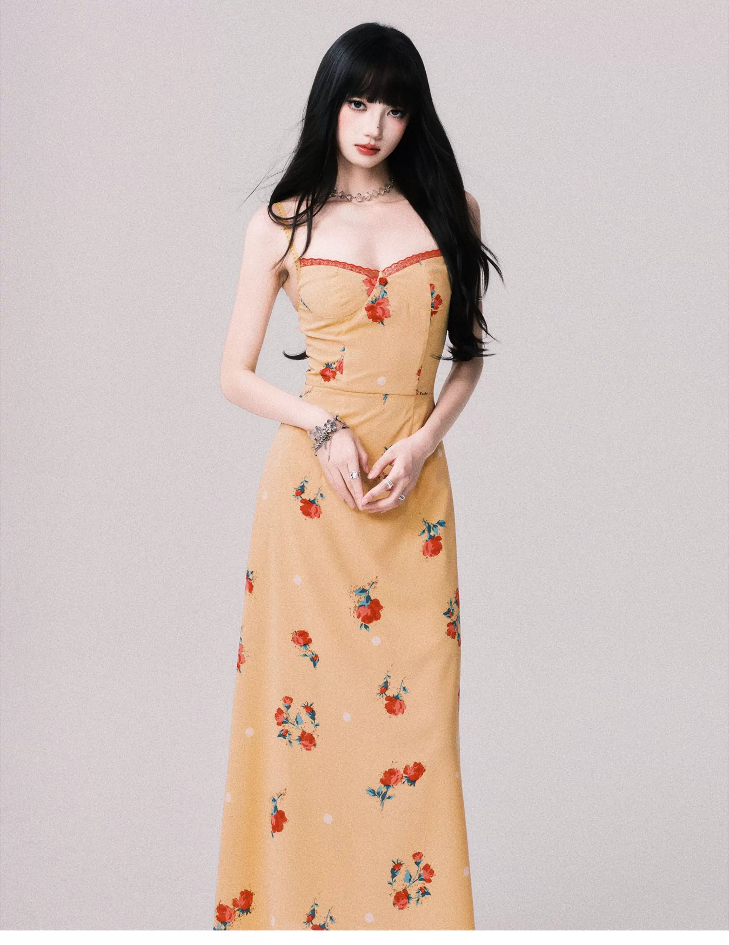 French V-Neck Floral Slip Maxi Dress