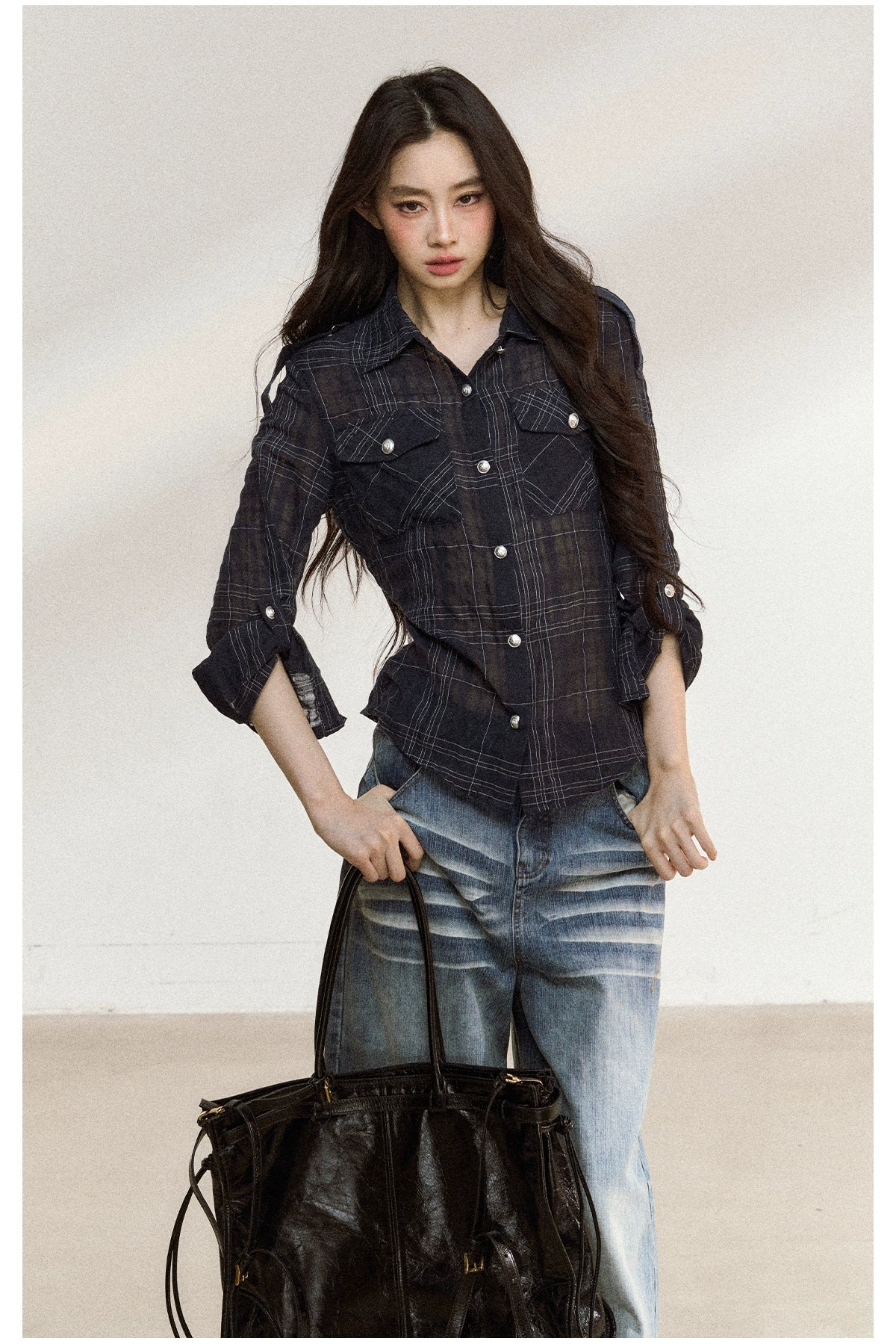 Asymmetric Plaid Cotton-Linen Shirt - CHINASQUAD