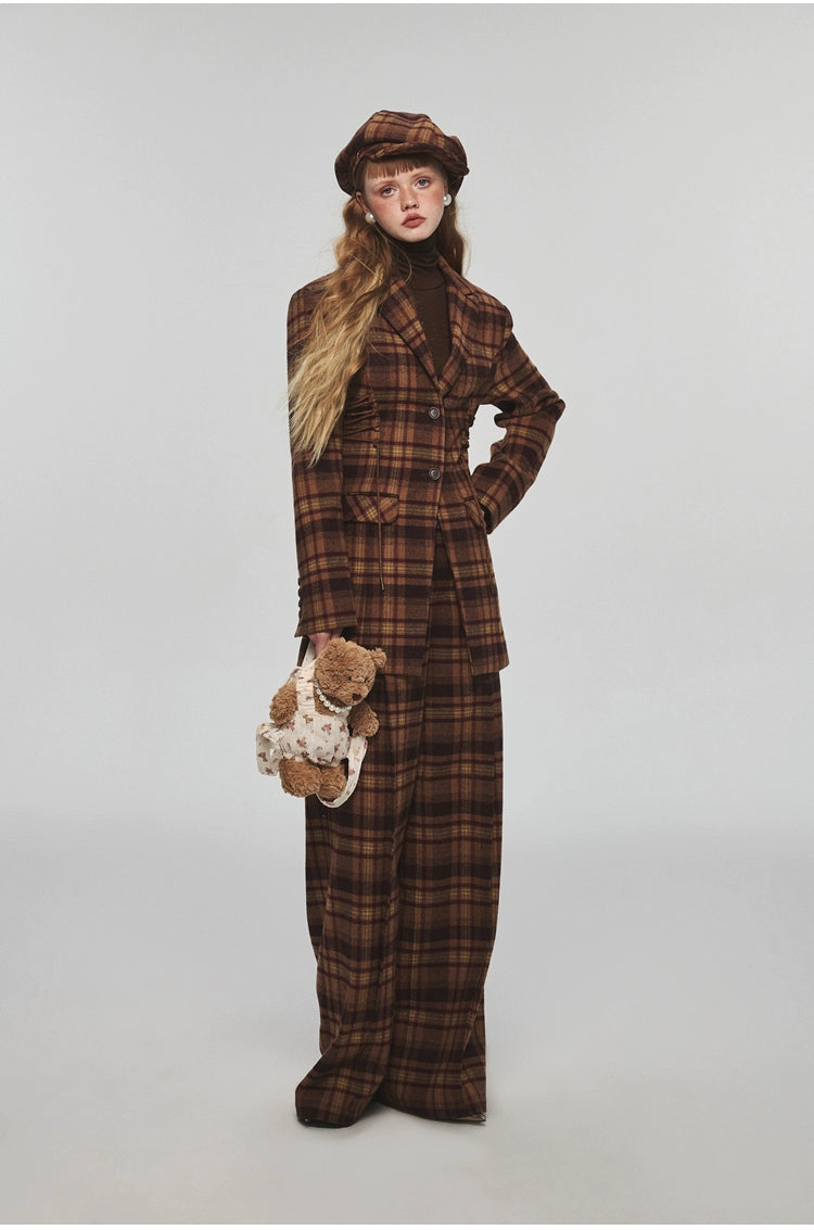 Plaid Slim-fit Waist-tie Blazer - CHINASQUAD