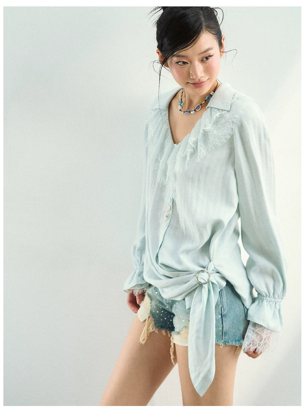 Lace Trim Relaxed Lyocell Blouse