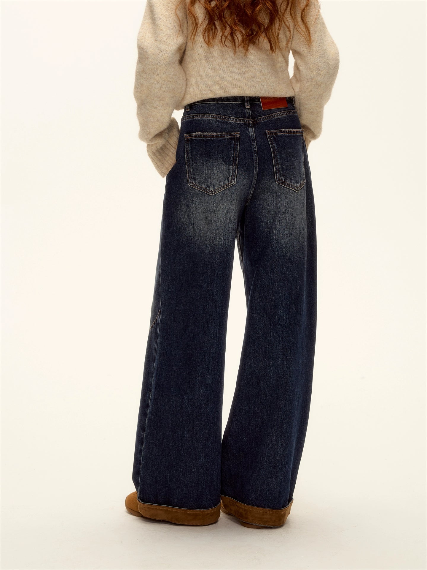 Suede-Panel Washed Denim Wide-Leg Jeans