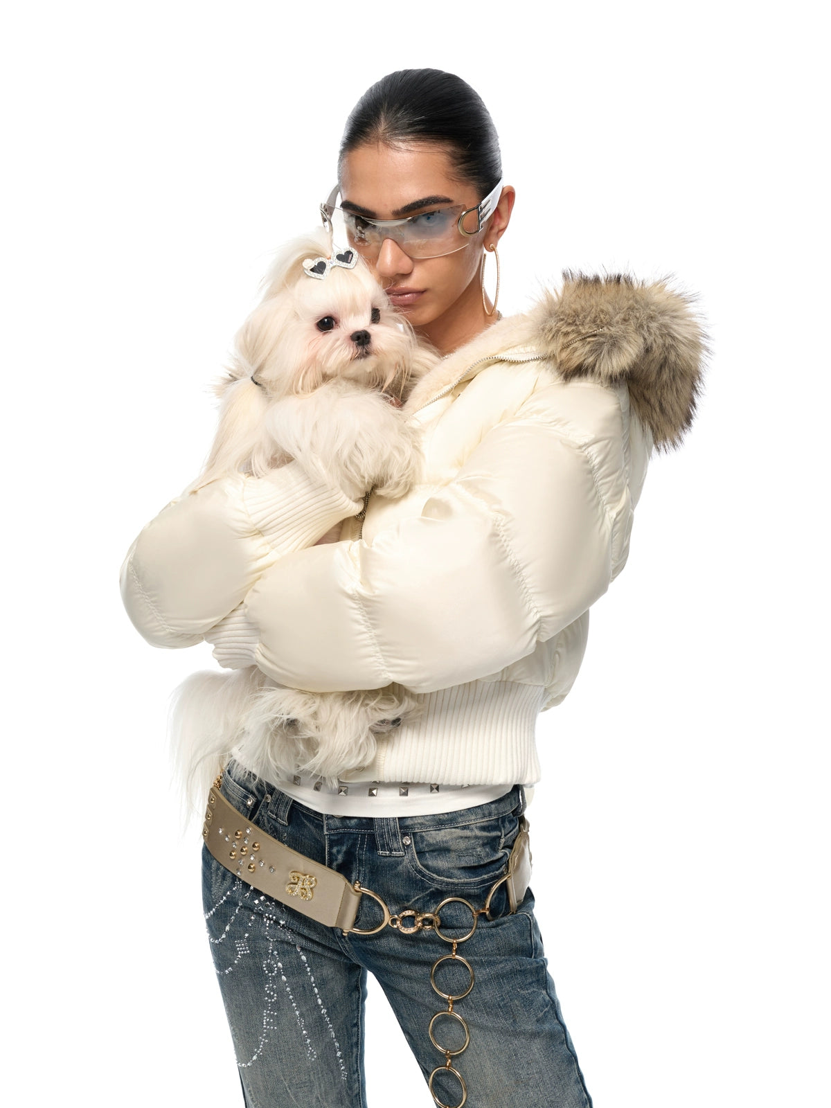 Vintage Waist-Cinched Cropped Down Jacket