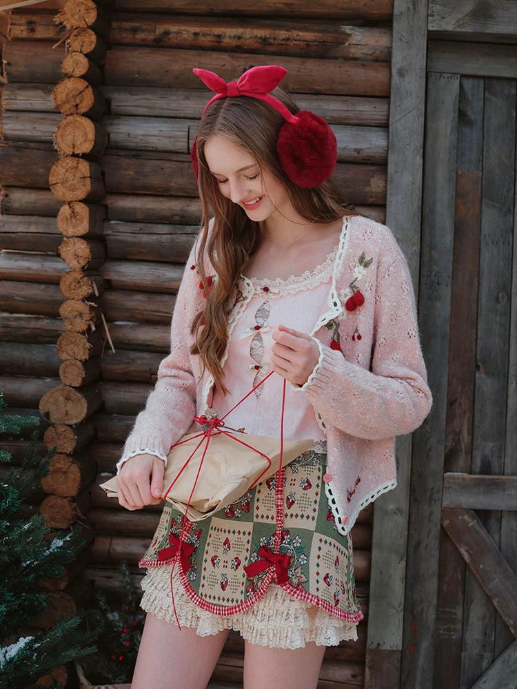 French Preppy Pink Wool Knit Cardigan