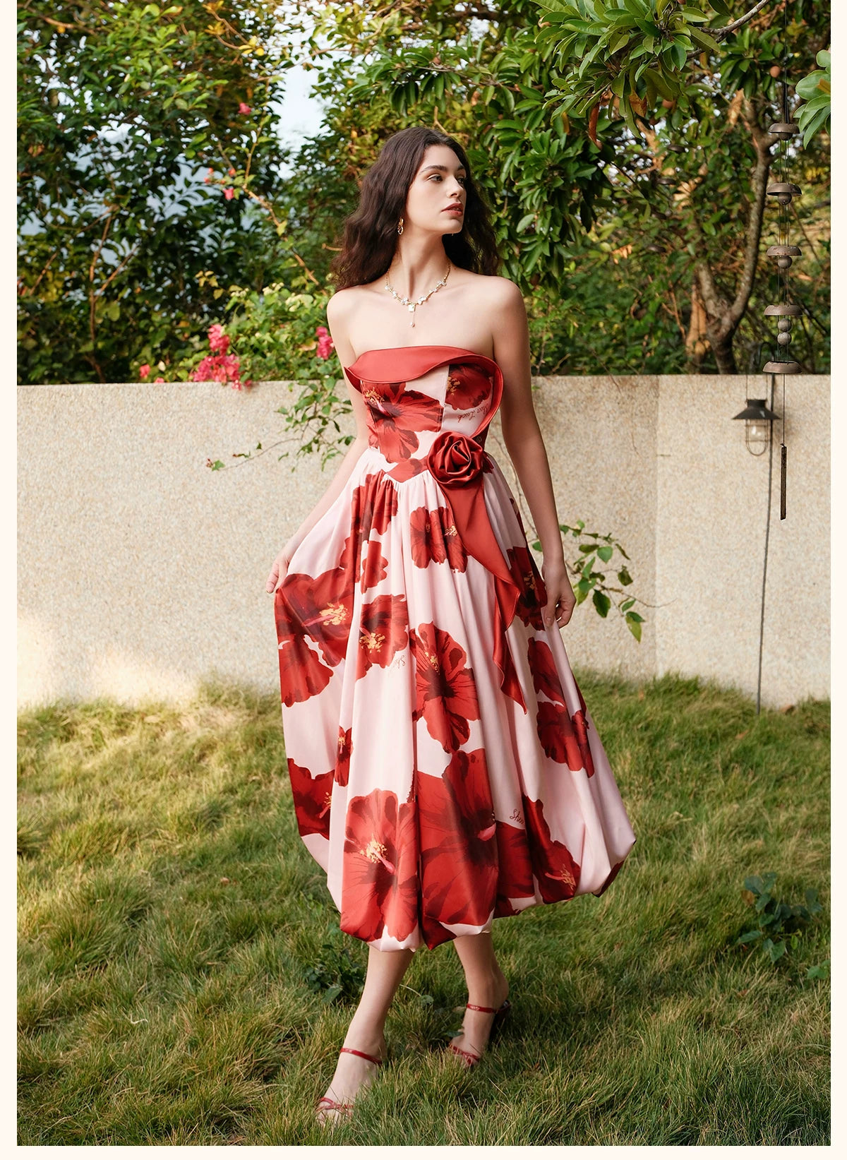 Satin Floral Bubble Hem Strapless Dress