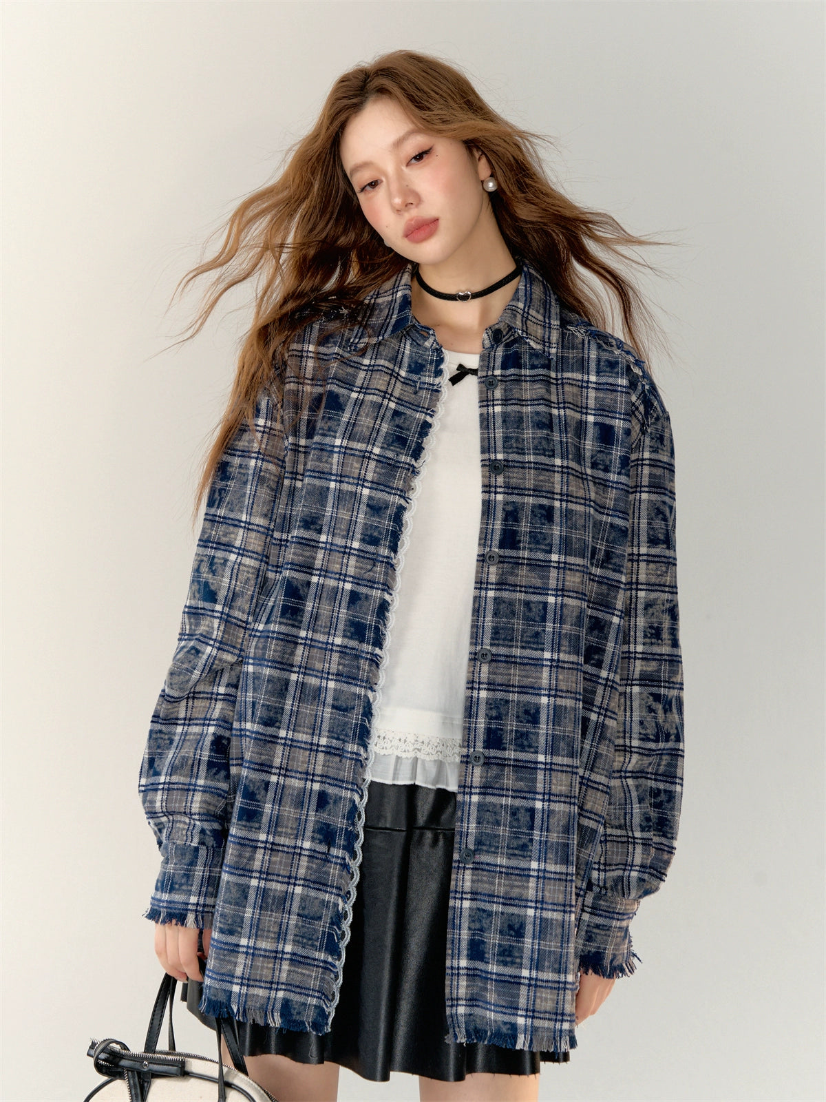 Lace-Trimmed Brushed Plaid Shirt - CHINASQUAD