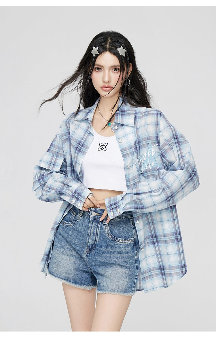 Blue Plaid Embroidered Sunscreen Shirt - CHINASQUAD