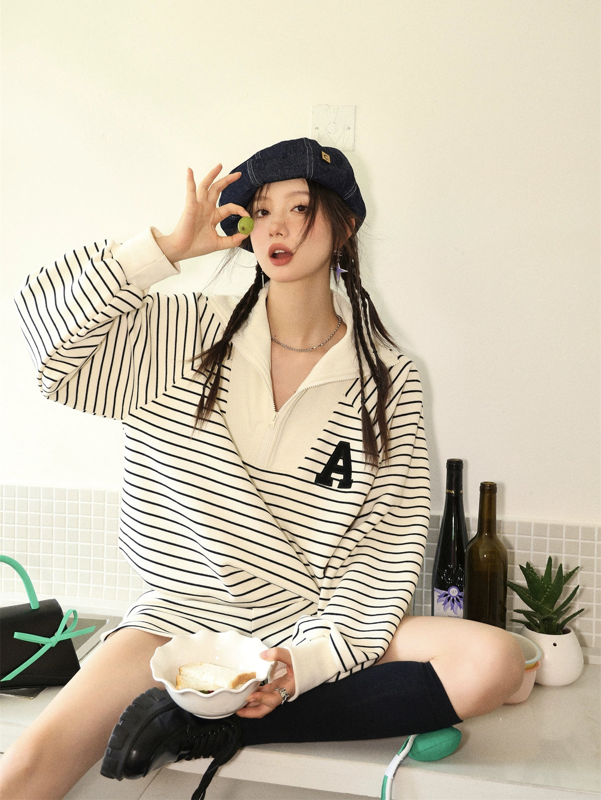 Striped Embroidered Sweatshirt & Shorts Set - CHINASQUAD