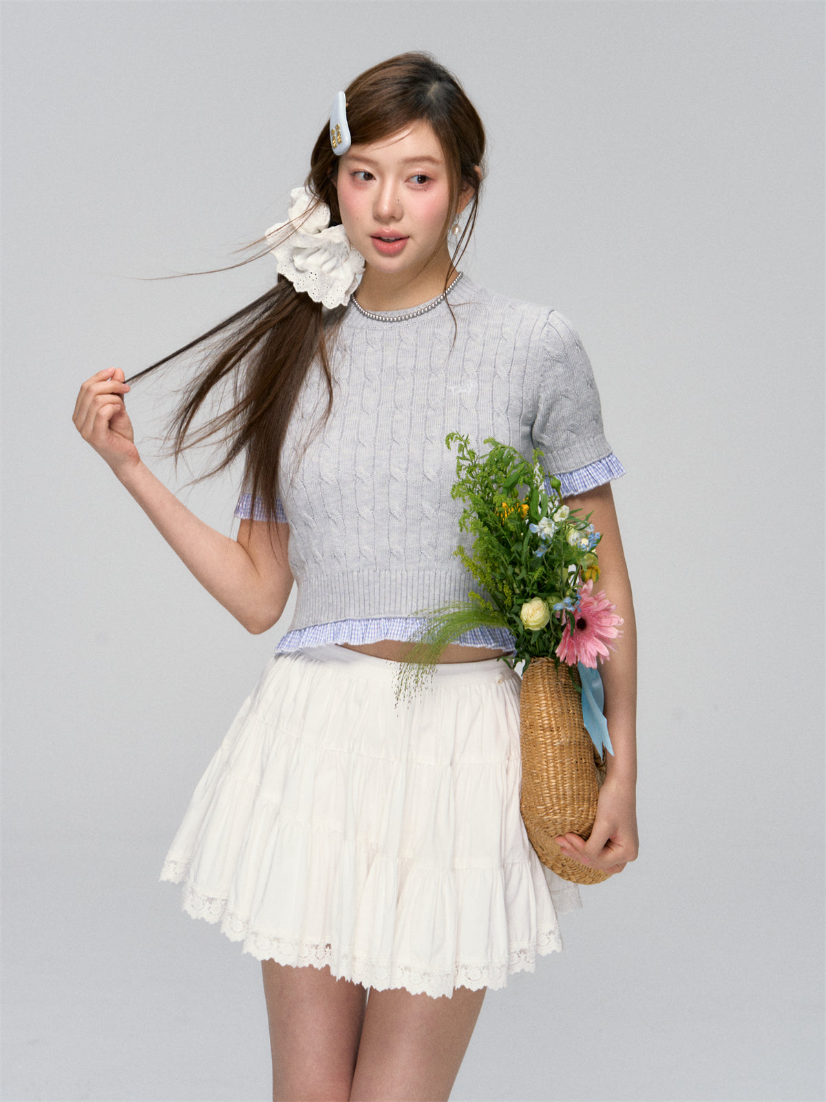 Ruffled Edge Cable Knit Short-Sleeve Top - CHINASQUAD