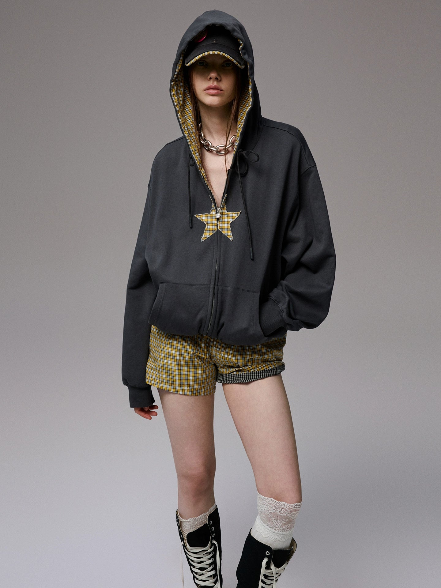 Star Patch Oversized Zip-up Hoodie