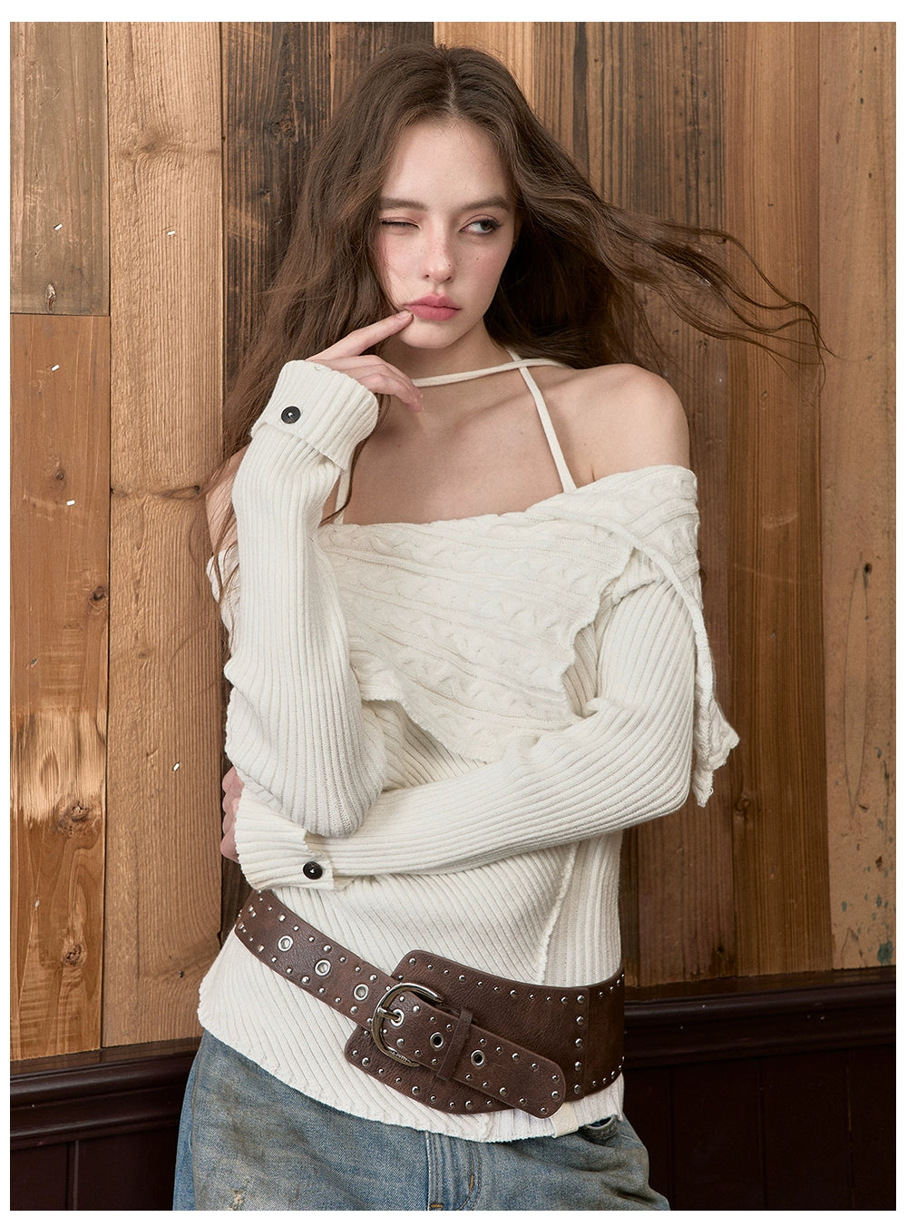 Off-Shoulder Halter Neck Cable Knit Sweater - CHINASQUAD