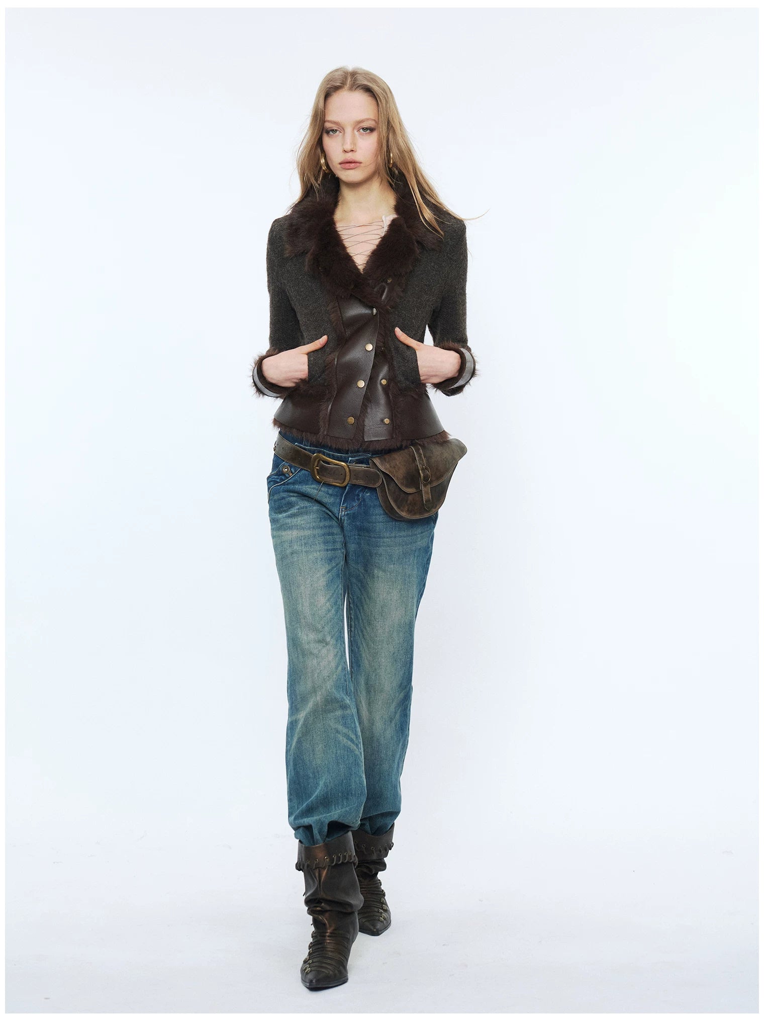 Knit Panel Faux Fur Cardigan Jacket