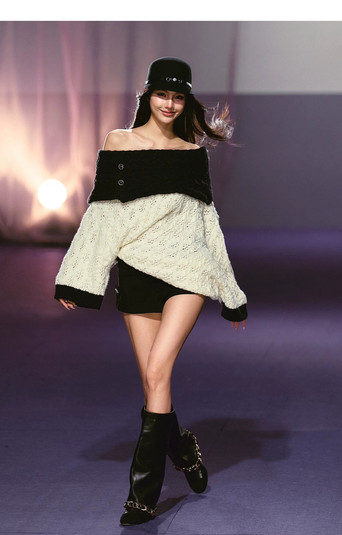 Batwing Sleeve Off-Shoulder Tweed Knit Crewneck