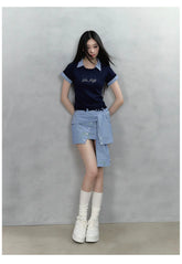 Deep Blue & Black Mock Two-piece Knit Sweater with Patchwork Short Sleeves - CHINASQUAD