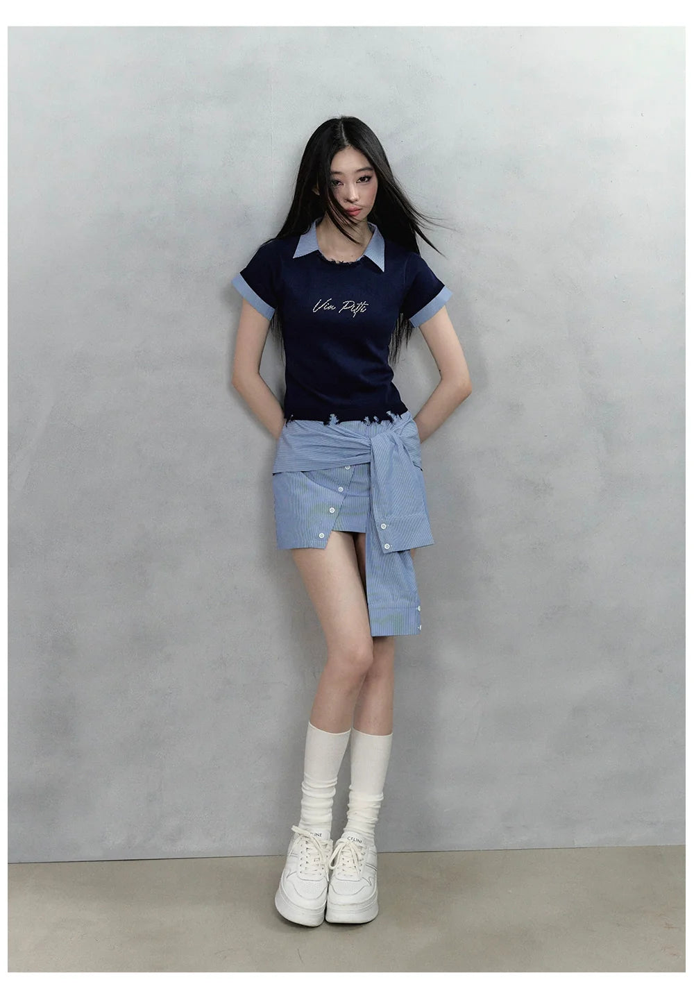 Deep Blue & Black Mock Two-piece Knit Sweater with Patchwork Short Sleeves - CHINASQUAD