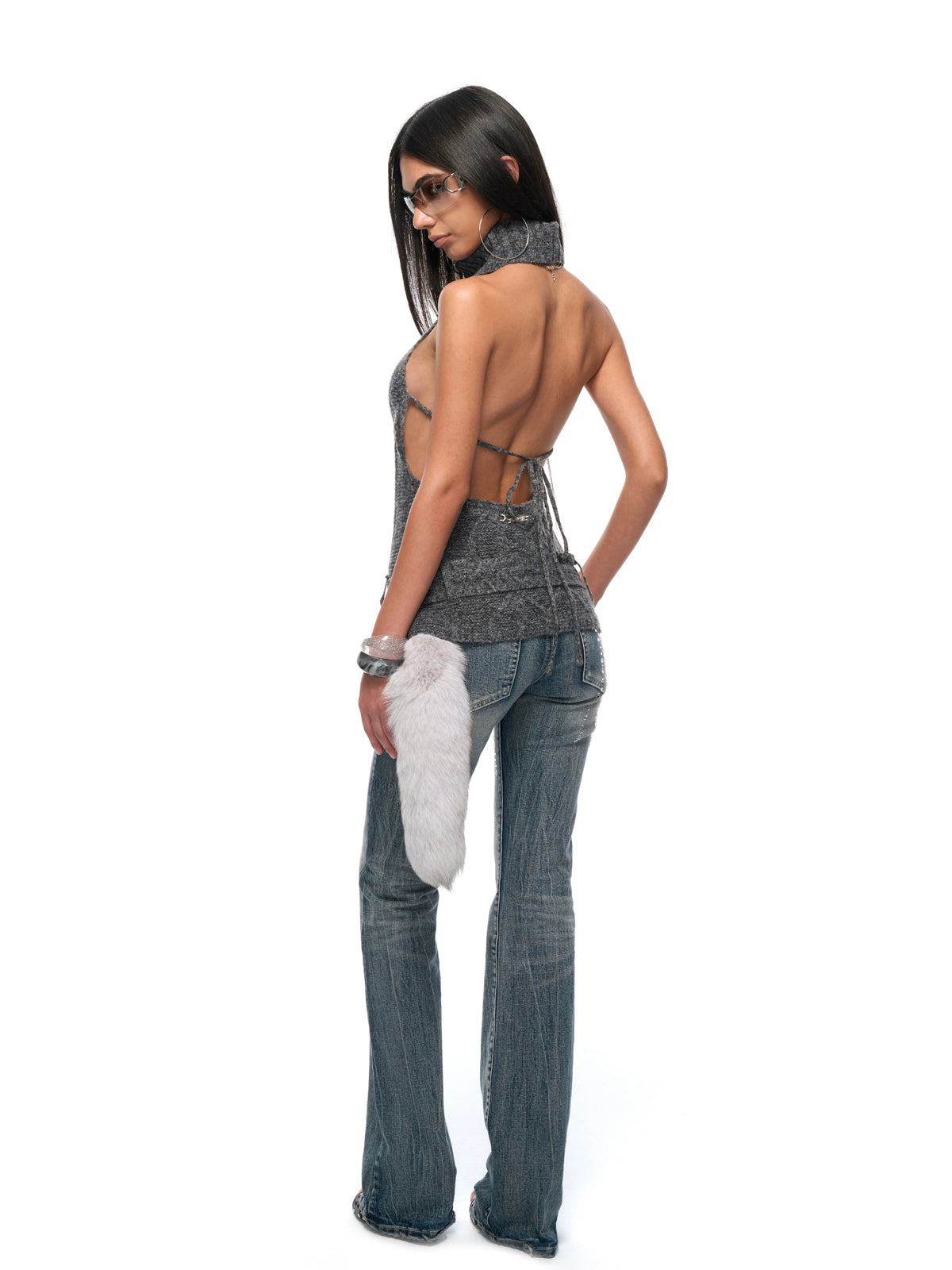 Backless High-Neck Cable-Knit Sweater