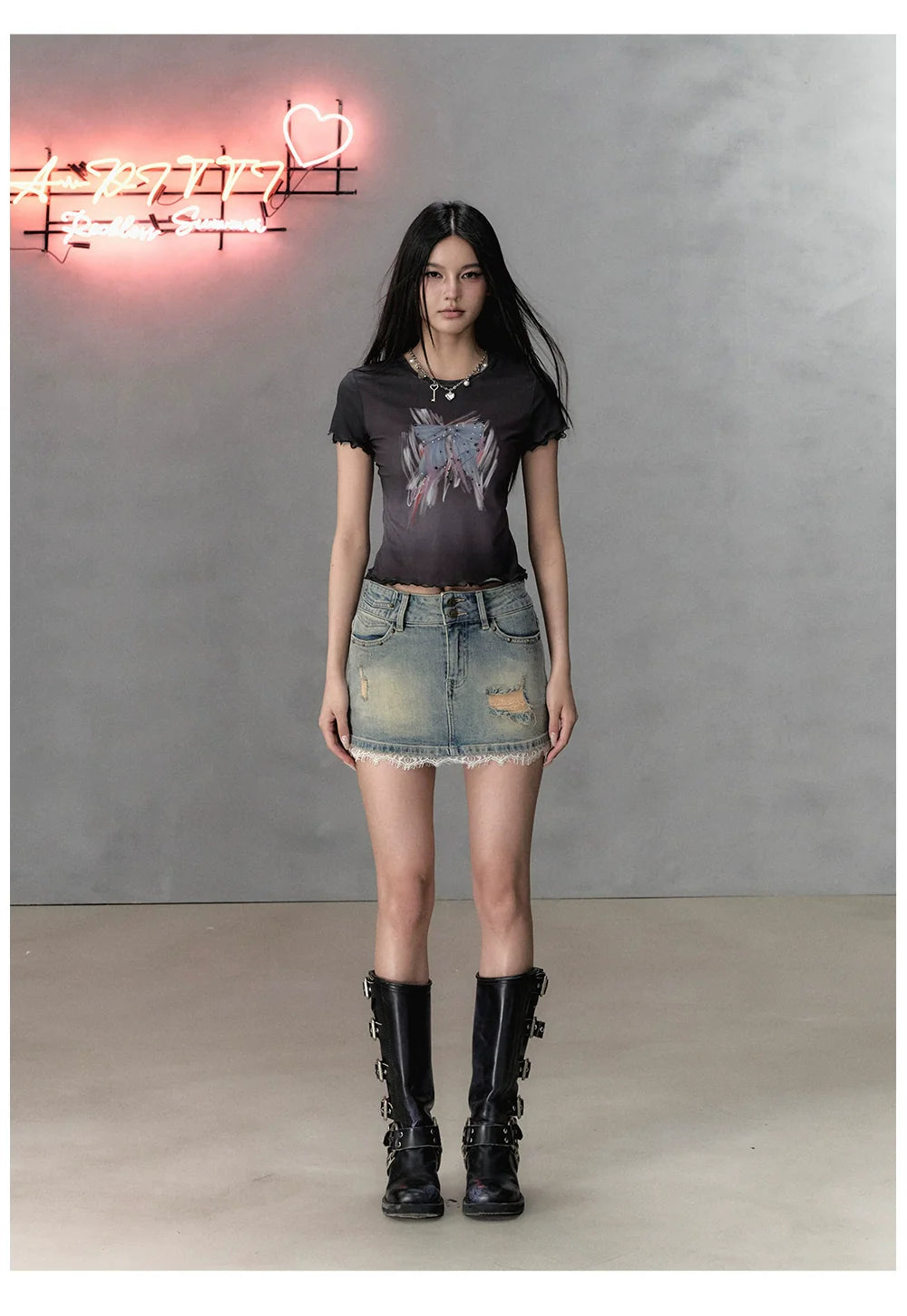 Pink & Black Bow Print Round Neck Short Sleeve - CHINASQUAD