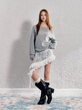 Red & Gray Pearl-studded Off-shoulder Sweatshirt - CHINASQUAD