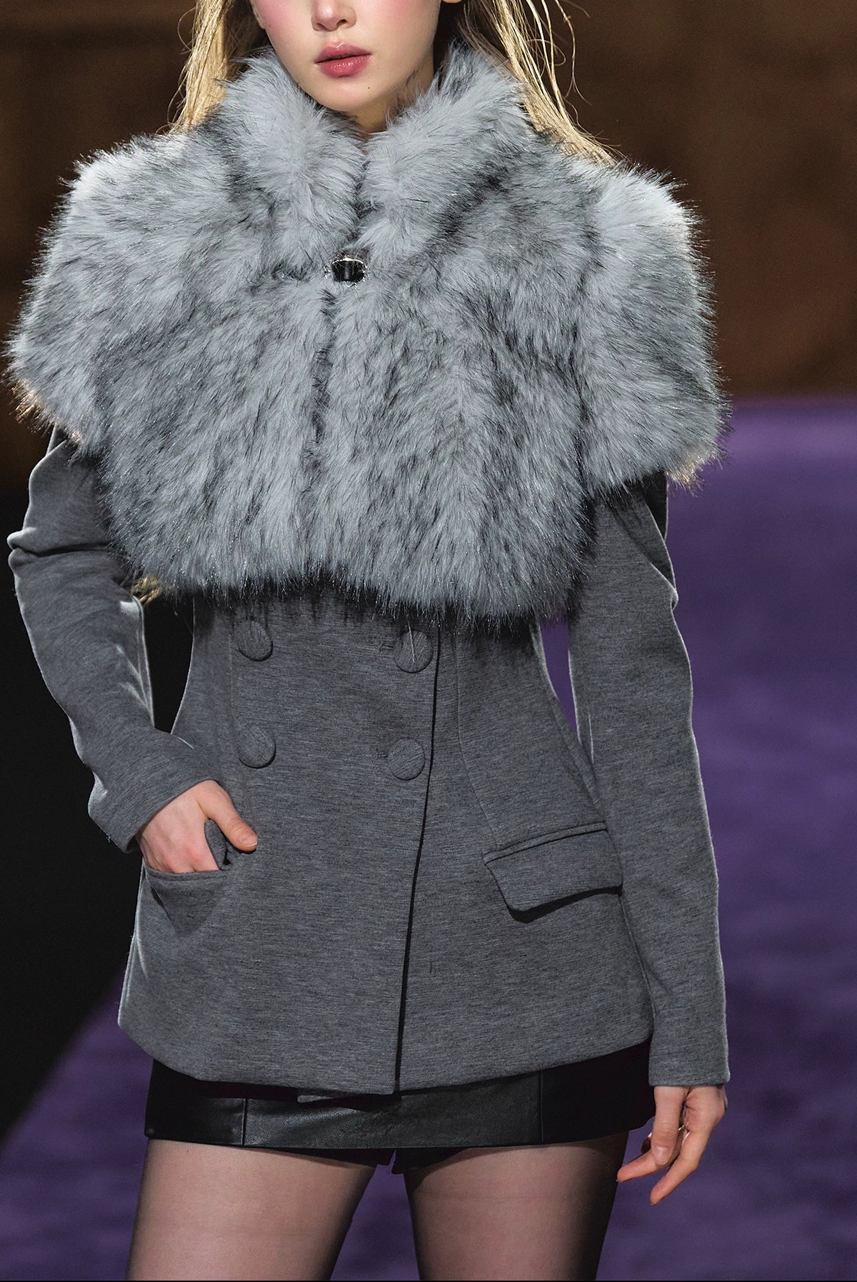 Ombre Short Faux Fur High-Neck Cropped Jacket