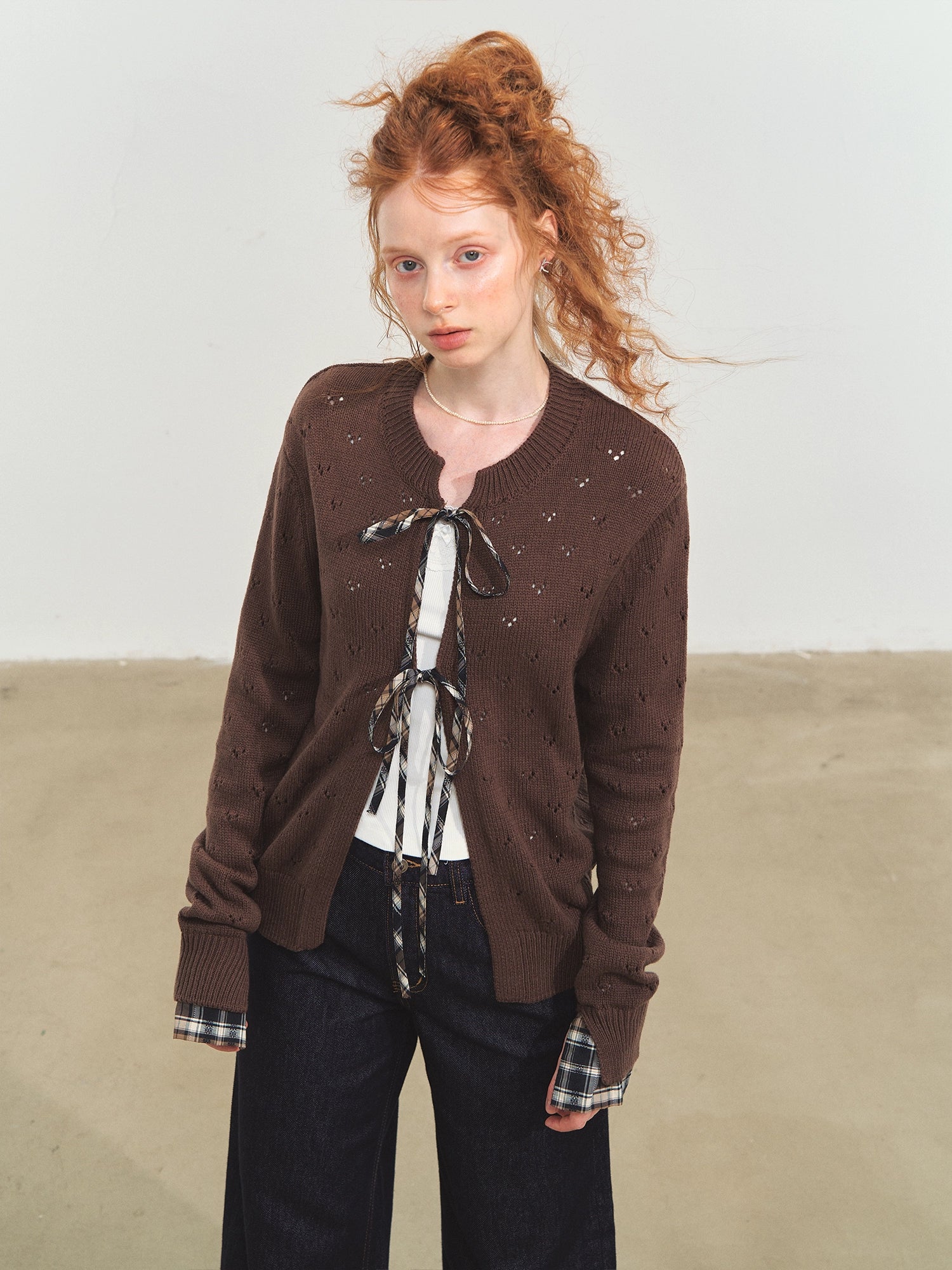 Vintage Plaid Tie-Front Cardigan - CHINASQUAD