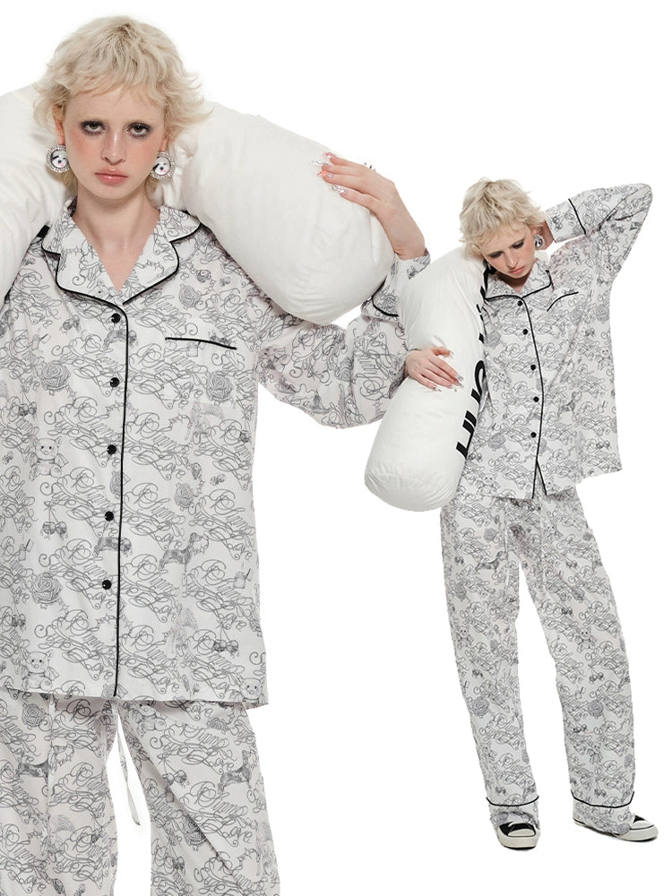 Black Letter Tattoo Print Cotton Pajamas Set - CHINASQUAD
