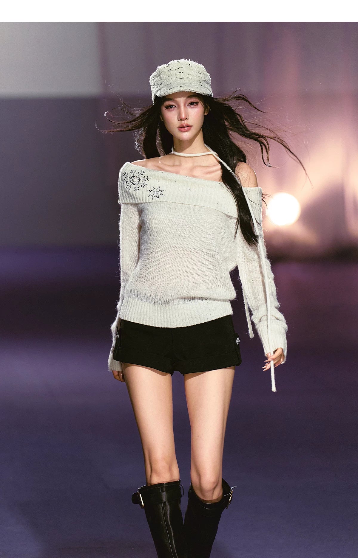 Snowflake Rhinestone Off-Shoulder Knit Sweater