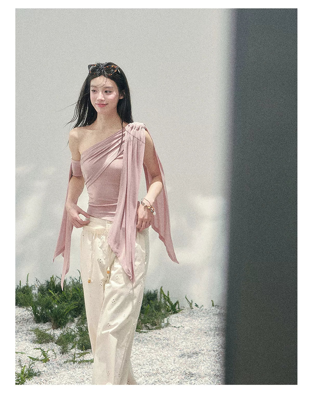 Coral Pink One-Shoulder Ribbon Blouse