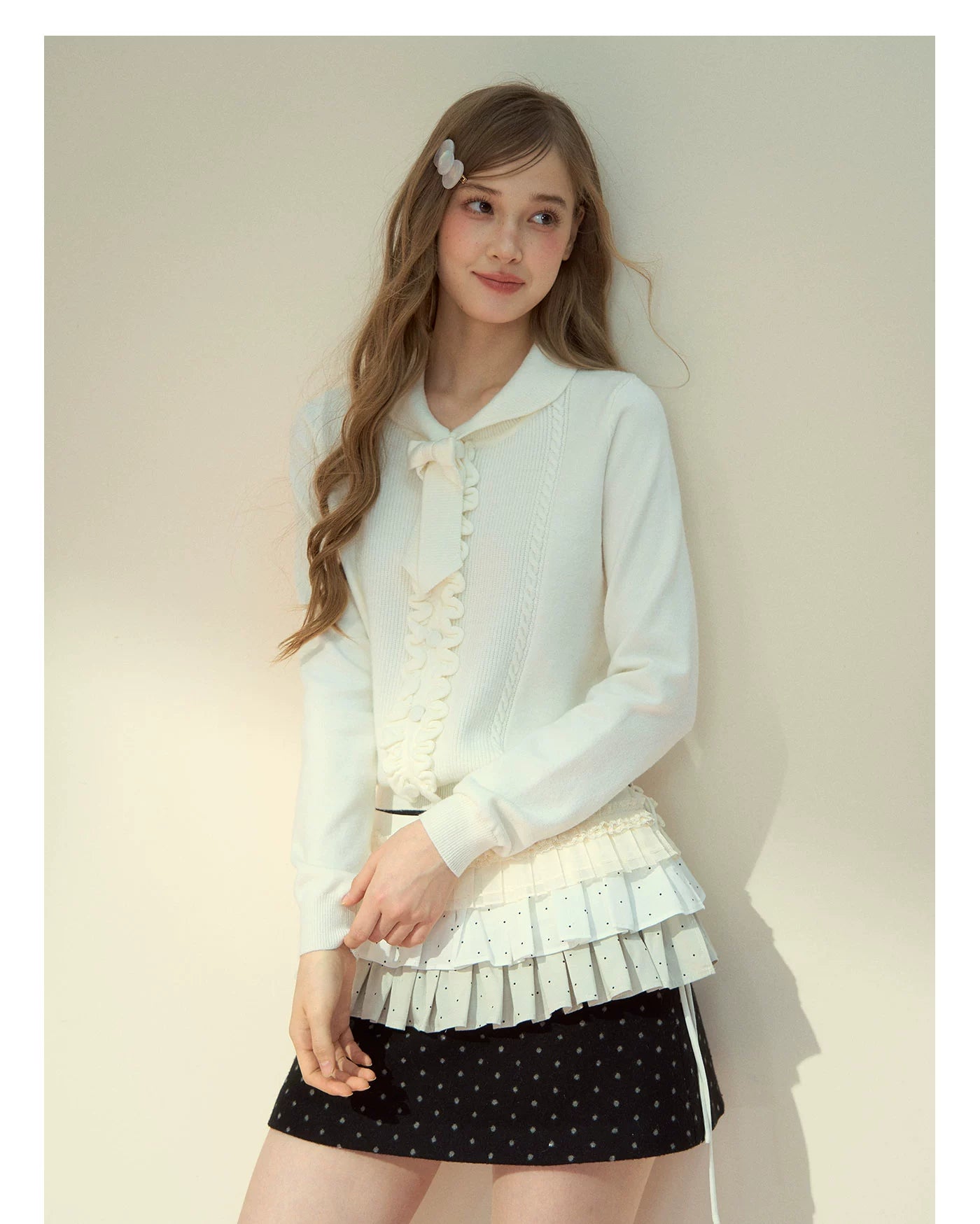 Ruffle Trim Bow Wool Sweater - CHINASQUAD