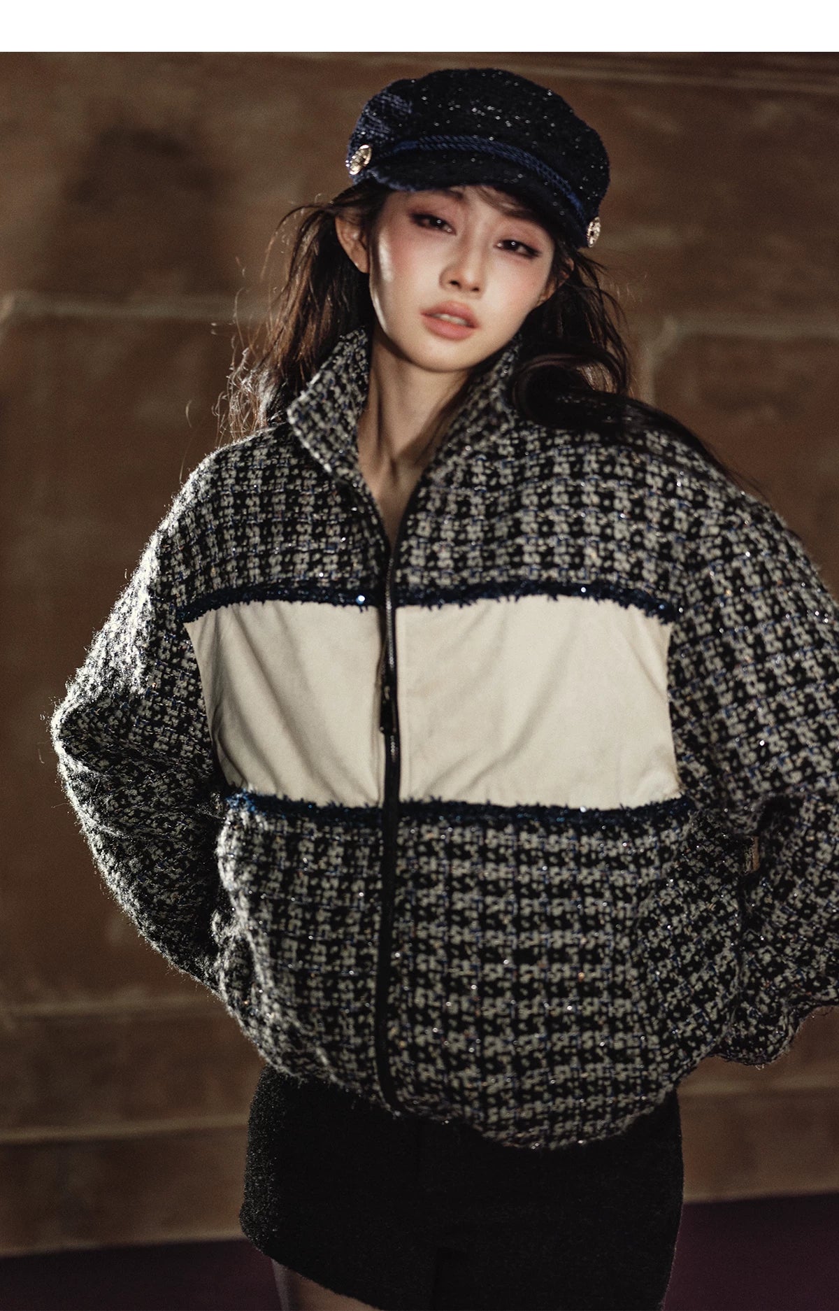 Wool-Blend Colorblock Stand Collar Padded Jacket