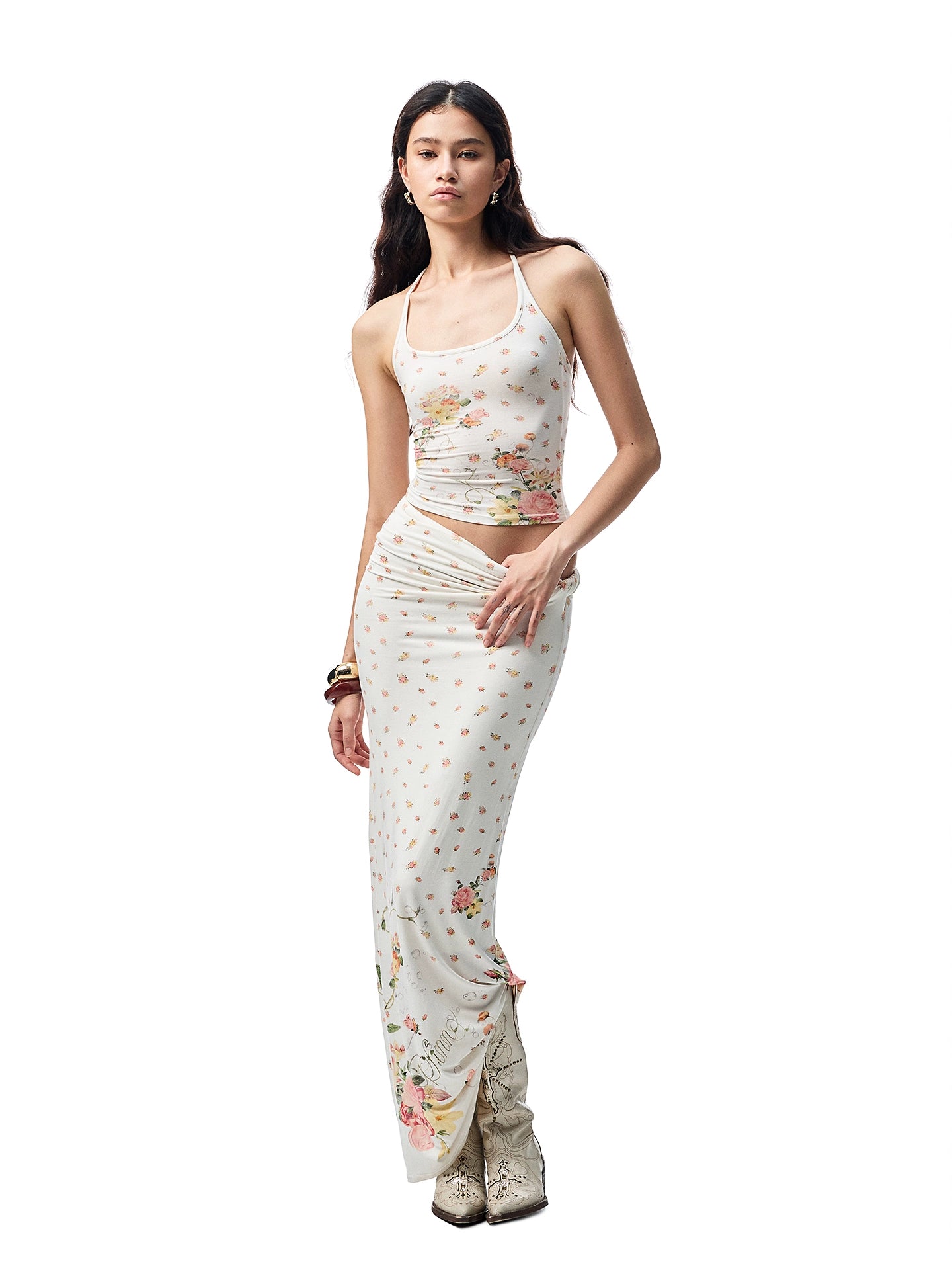 Floral All-Over Printed Big Round Neck Knotted Tank Top - CHINASQUAD