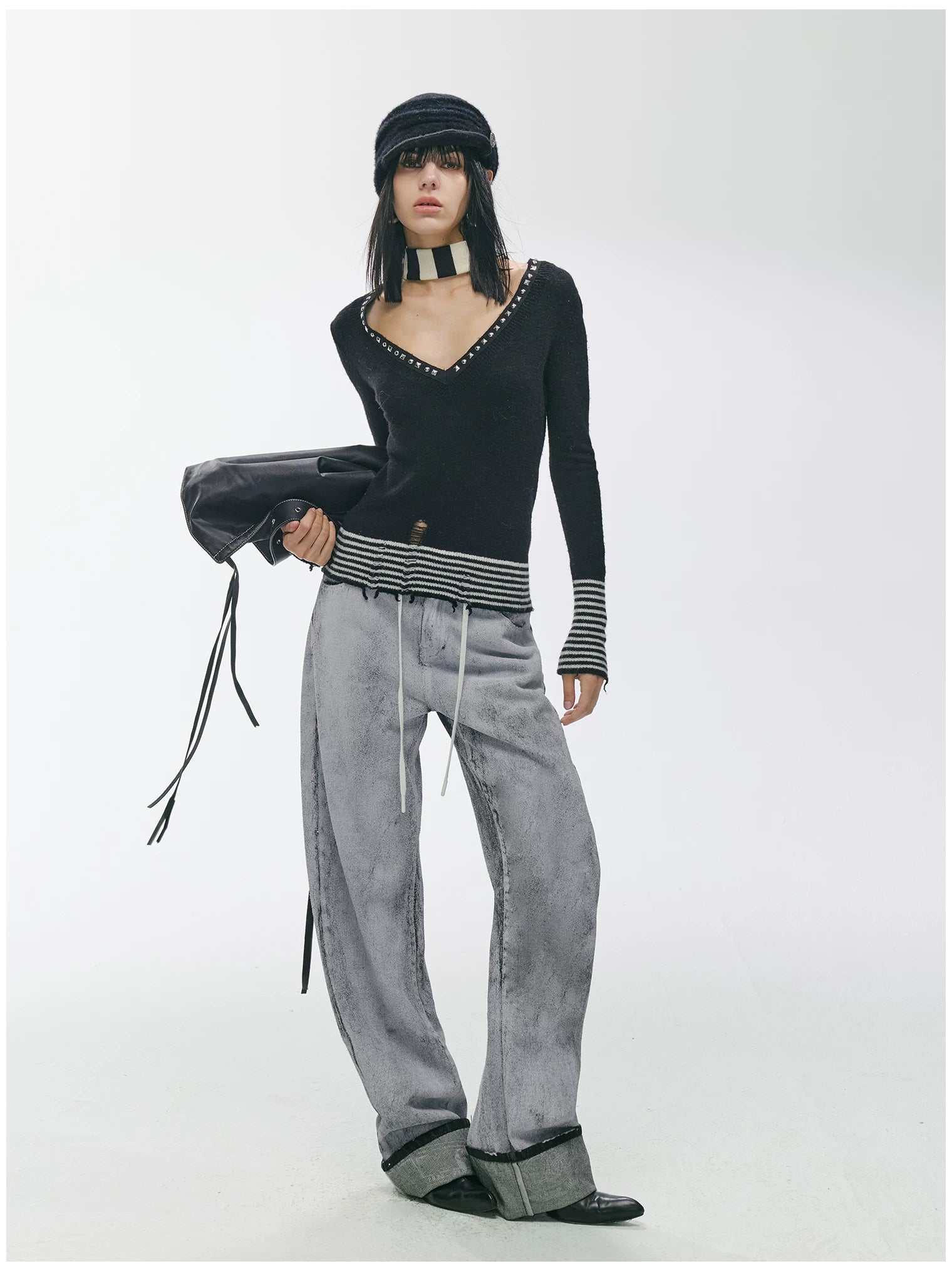 Striped Panel Slim-Fit Wool Knit Top