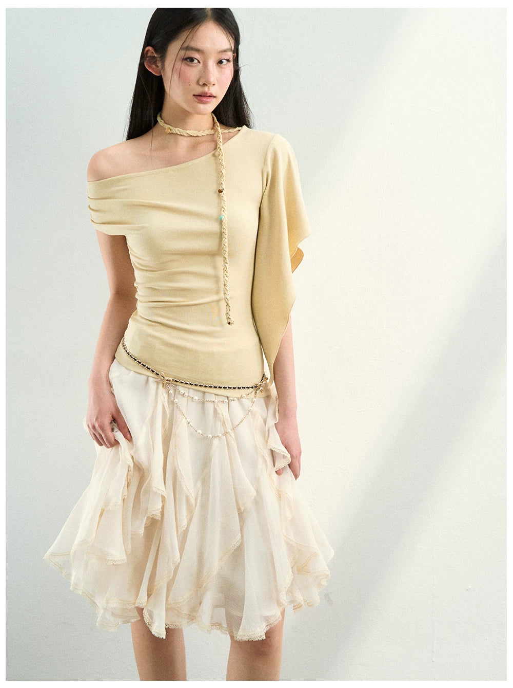 Asymmetrical Off-Shoulder Draped Blouse