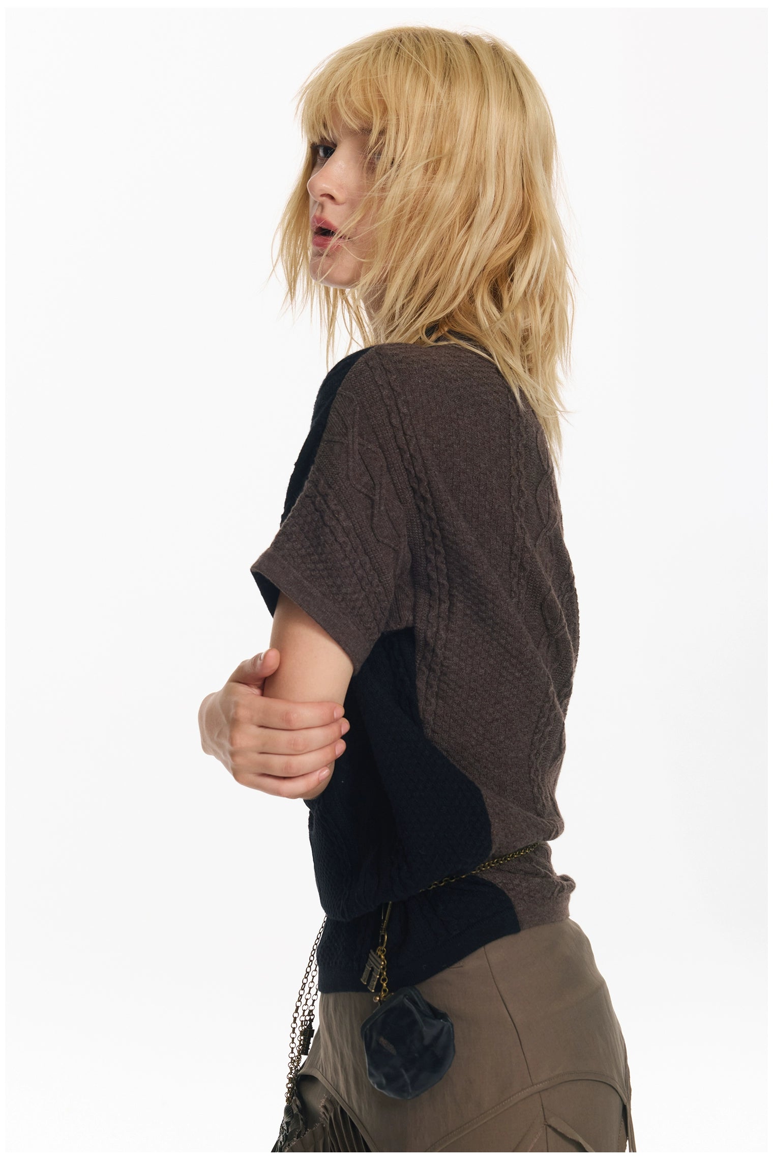 Diagonal Bat-Sleeve Knit Crewneck