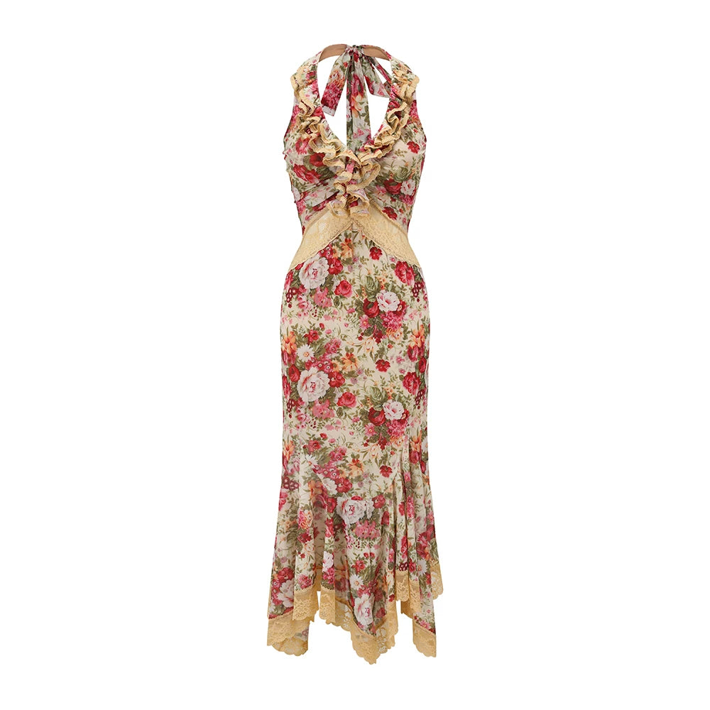 Flamenco Halter Mermaid Mesh Dress