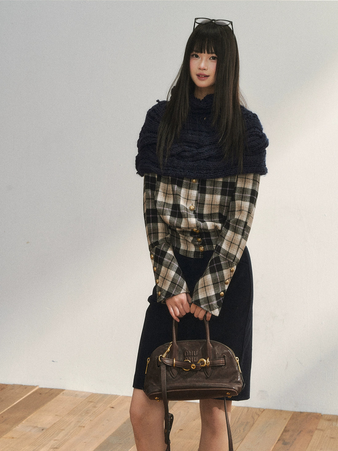 Vintage Plaid Contrast-Panel Fitted Shirt Crewneck