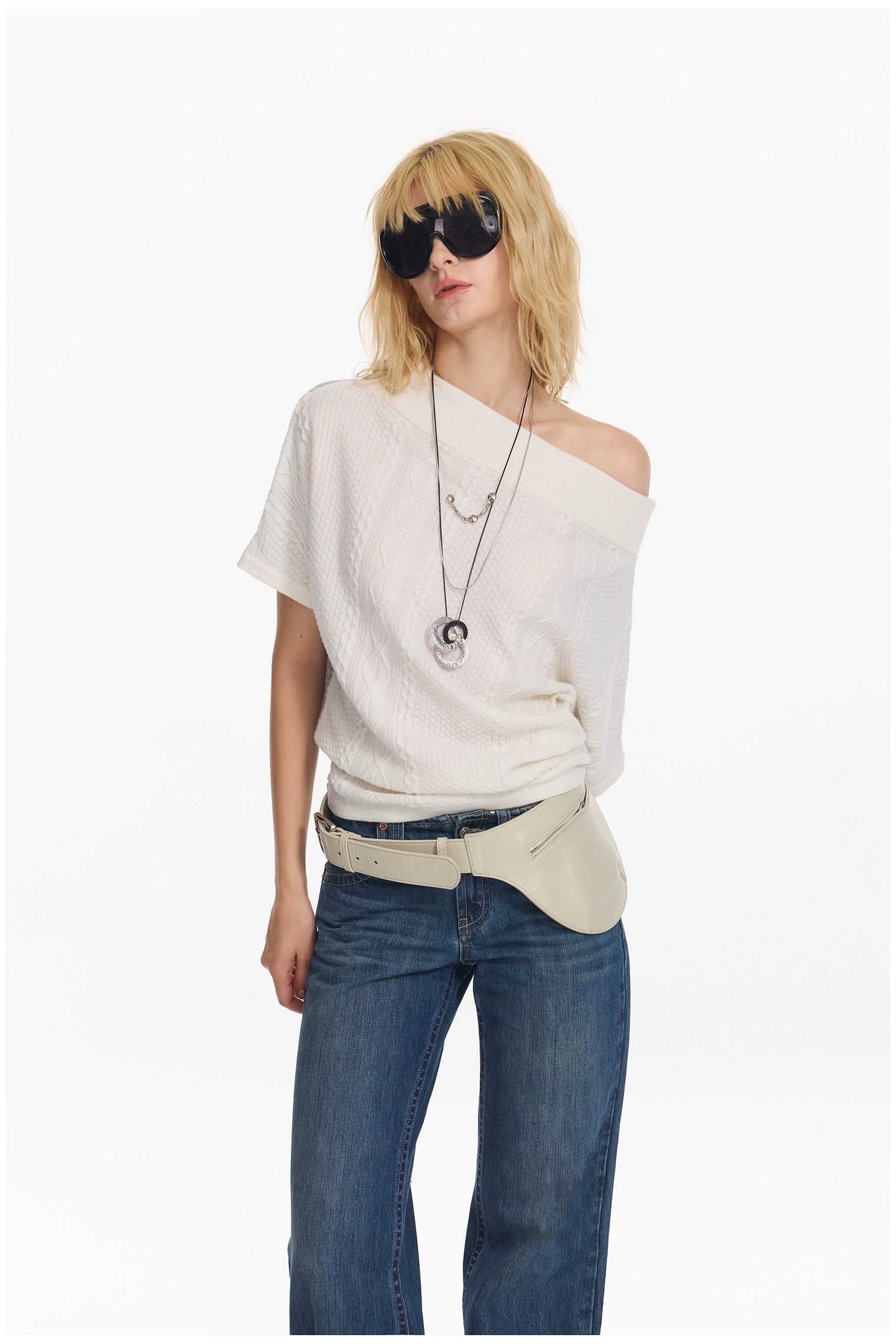 Diagonal Bat-Sleeve Knit Crewneck
