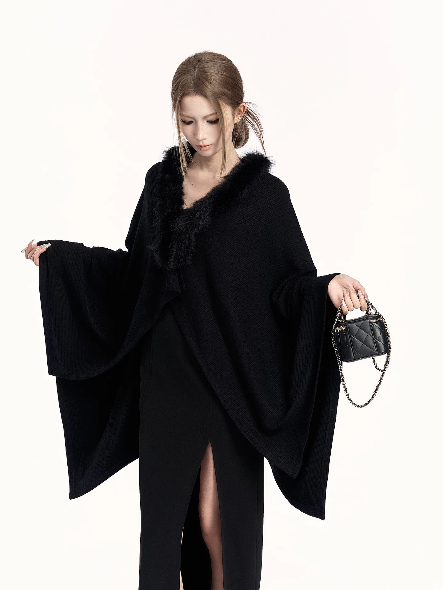 Asymmetric Cable-Knit Draped Cardigan Cape