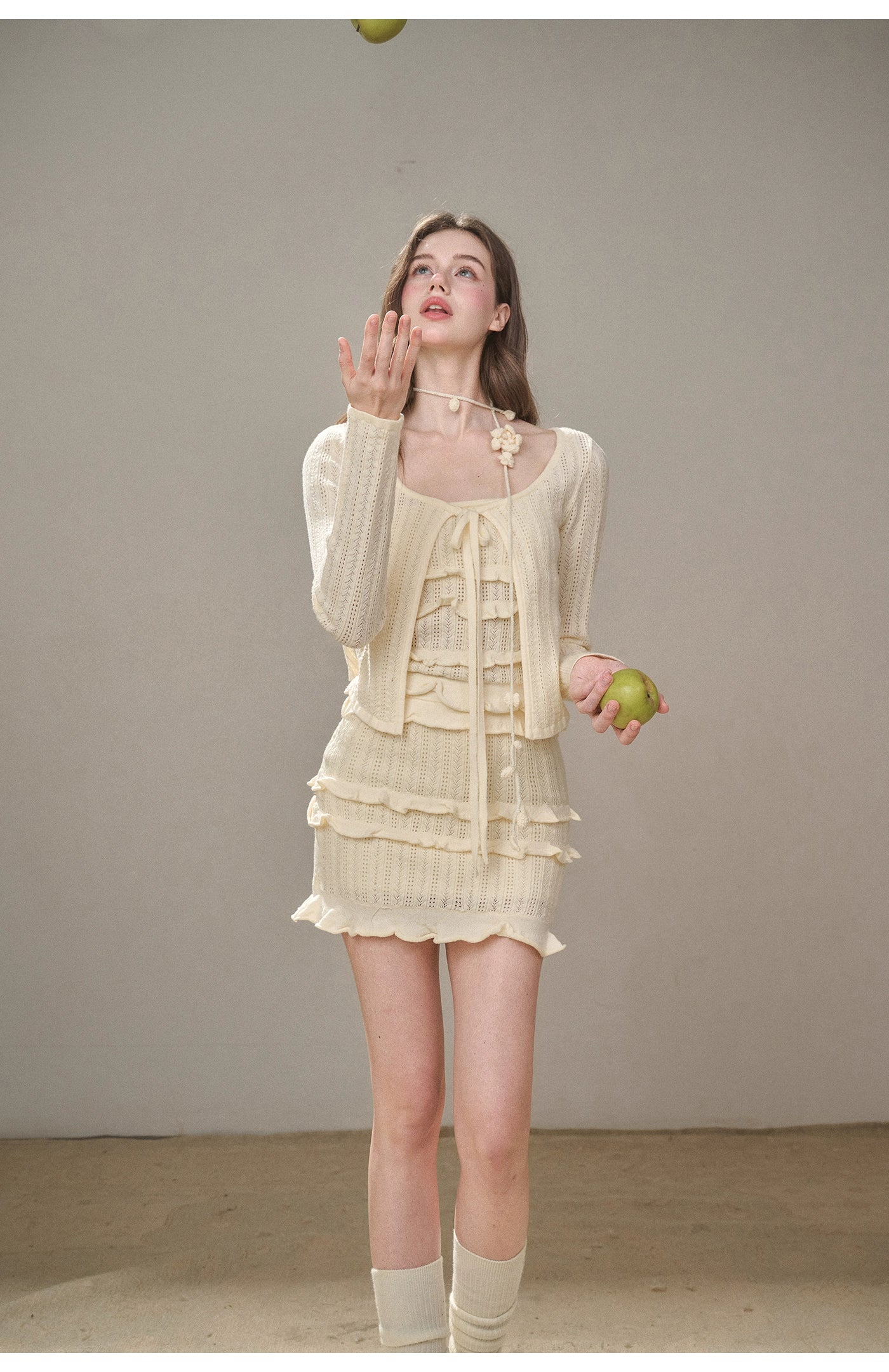 Hollow Out Cream Knit 3-Piece Set