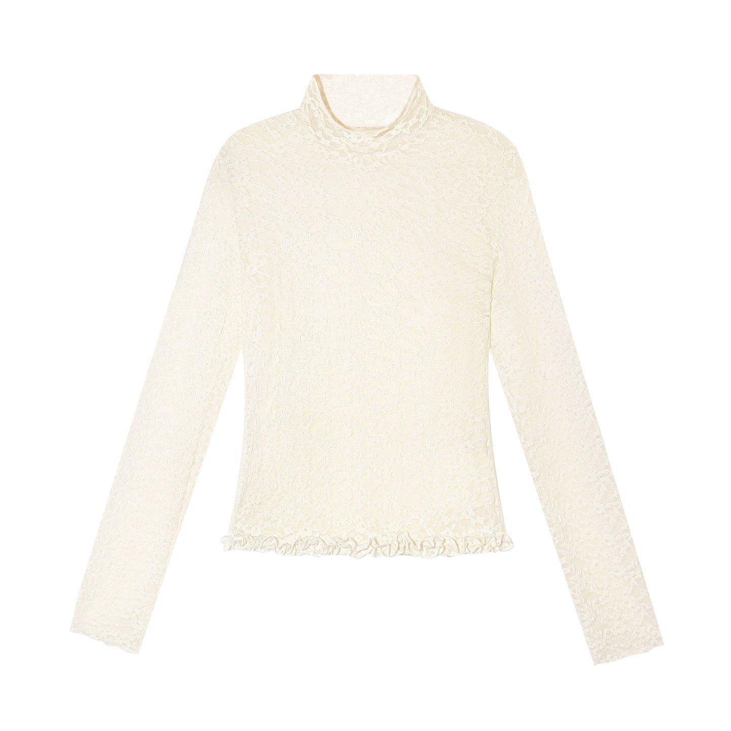 Ruffled Hem Floral Lace Mock Neck Blouse - CHINASQUAD