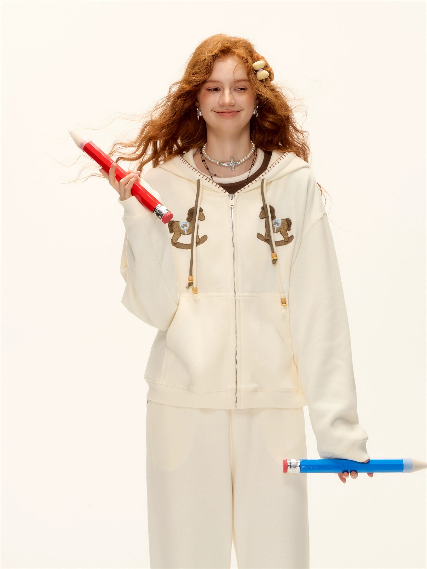 Embroidered Horse Beaded Zip-up Hoodie & Pants Set