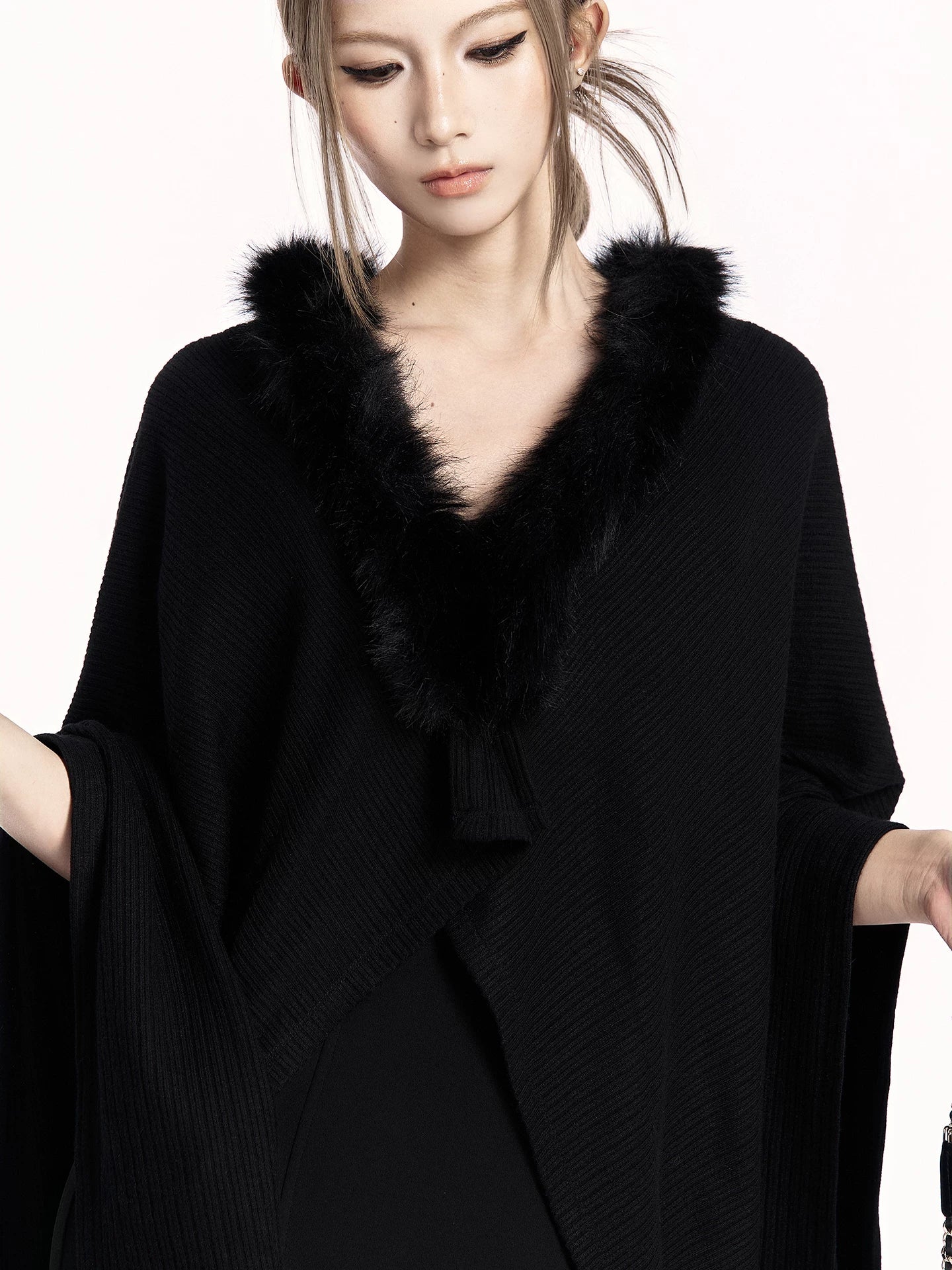 Asymmetric Cable-Knit Draped Cardigan Cape