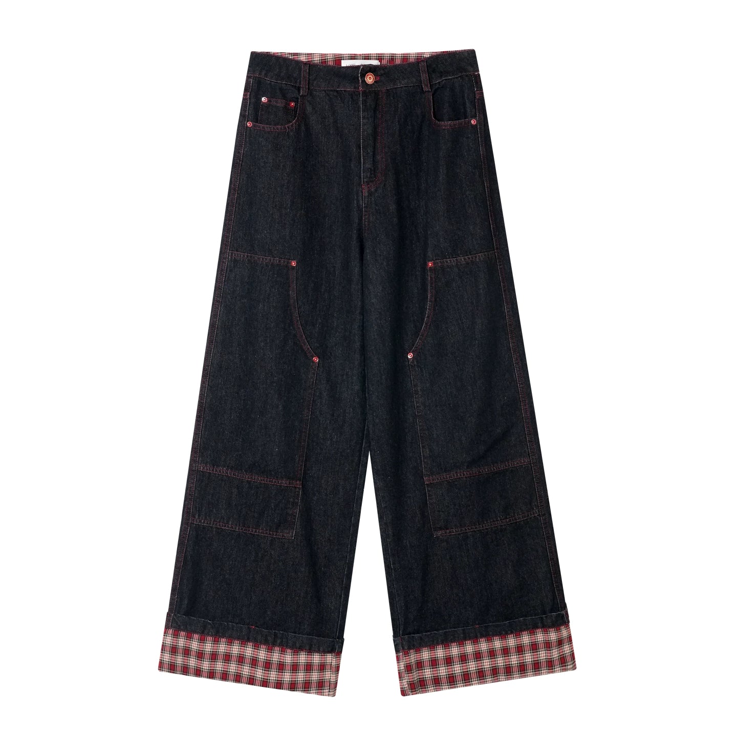 Plaid Cuff Wide-Leg Jeans