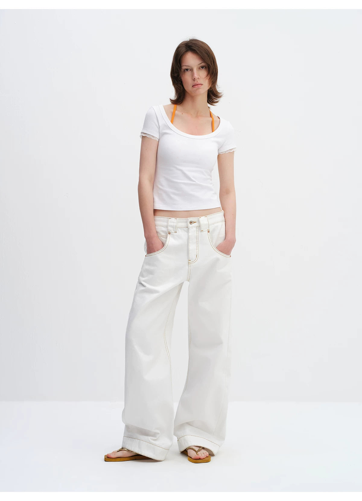 White Relaxed Fit 3D Cut Wide-Leg Denim Jeans
