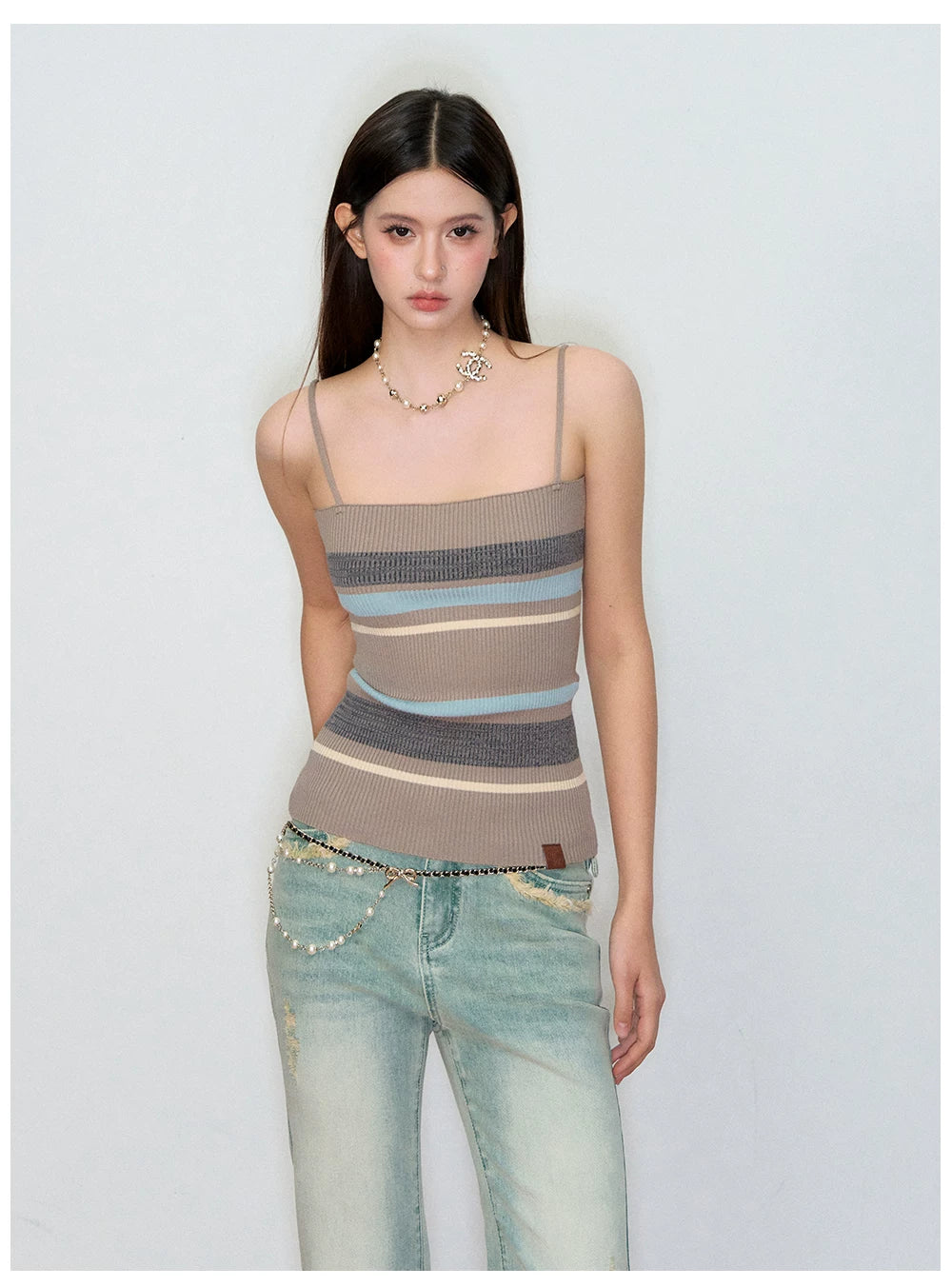 Knit Cardigan & Striped Camisole Two-Piece Set