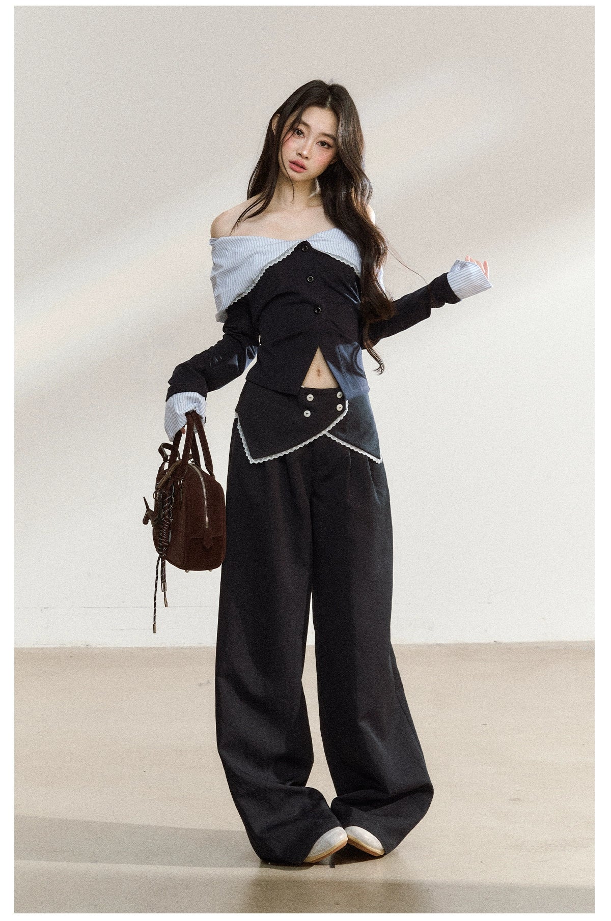 Off-Shoulder Striped Lapel Blouse & Pants Set - CHINASQUAD