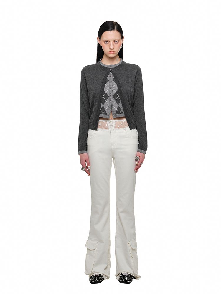 Diamond Pattern Fake Two-Piece Cardigan & Pant Set - CHINASQUAD