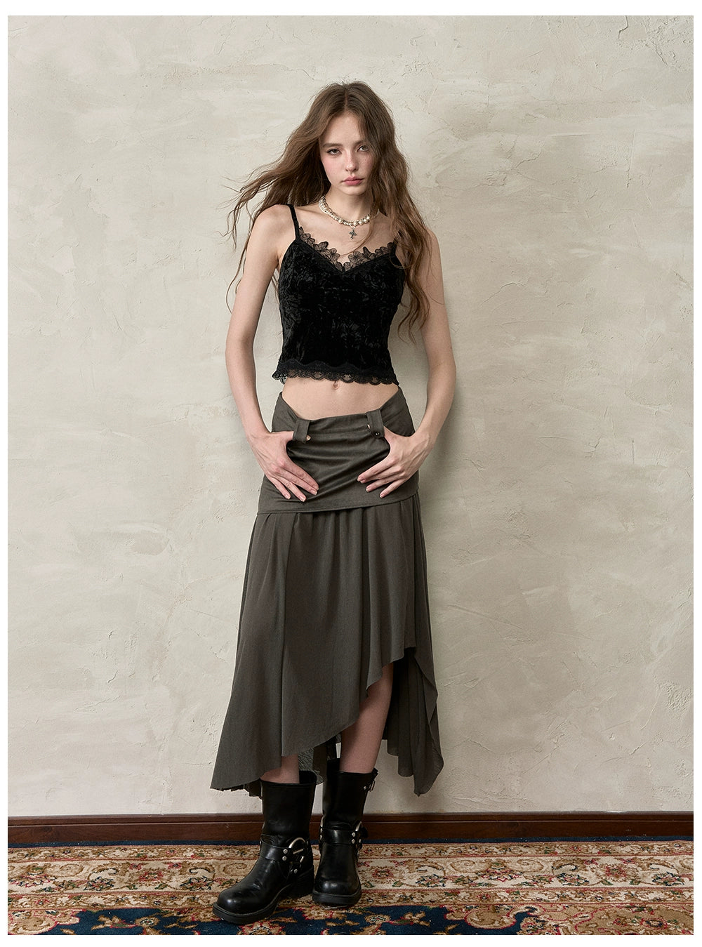 Irregular Spliced Vintage Pleated Skirt - CHINASQUAD