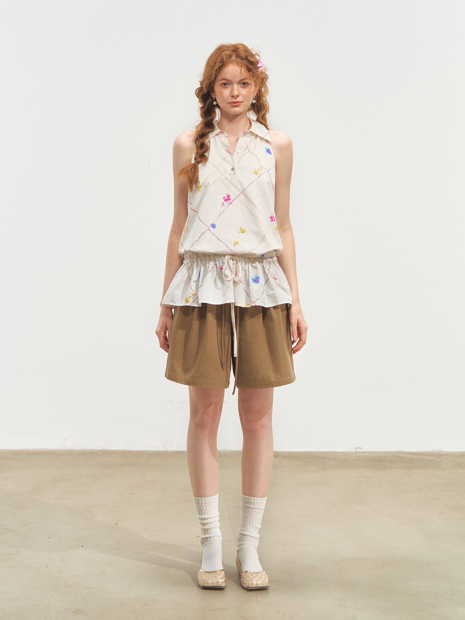 French-Style Printed Sleeveless Halter Tie-Up Top - CHINASQUAD