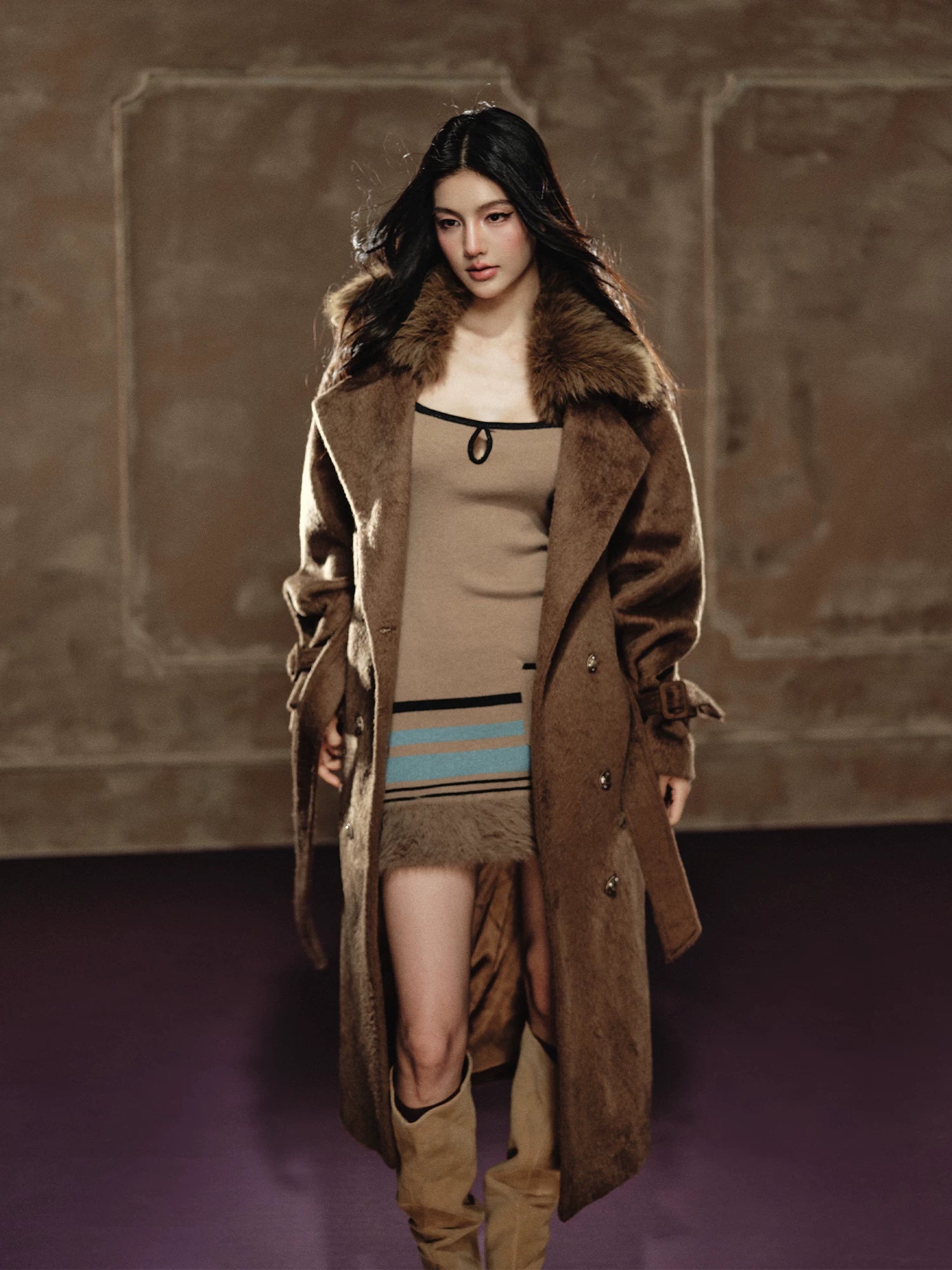 Wool-Blend Long Coat & Striped Slip Dress Set